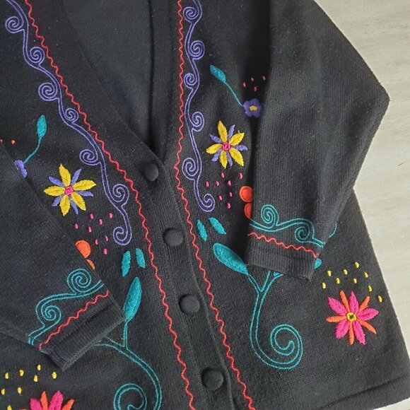 Vintage Hillary Paige‎ Cardigan Sweater Womens Large FlowersV-neck Art to wear - Picture 7 of 15